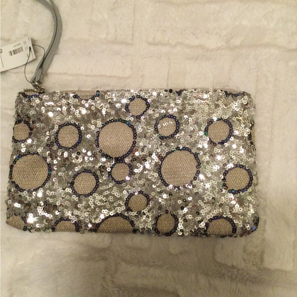 NWT silver polka dot sequined clutch the limited